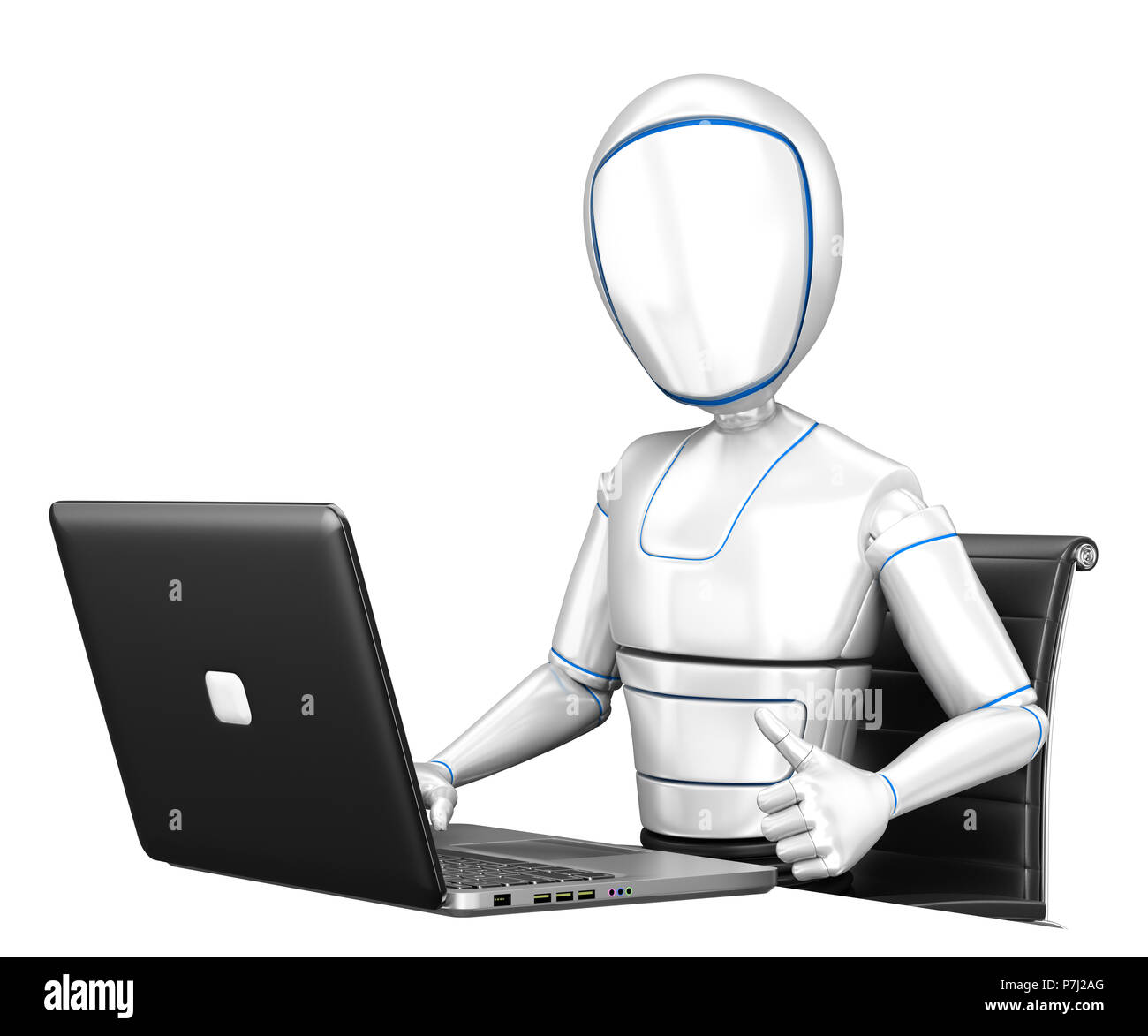 3d futuristic android illustration. Humanoid robot working with a laptop and thumb up. Isolated white background. Stock Photo