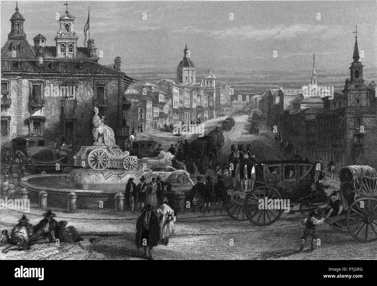 FUENTE DE CIBELES Y CALLE ALCALA - GRABADO DEL SIGLO XIX POR JT WILMORE. Author: David Roberts (1796-1864). Location: MUSEO DE HISTORIA-GRABADOS BLANCO Y NEGRO, SPAIN. Stock Photo
