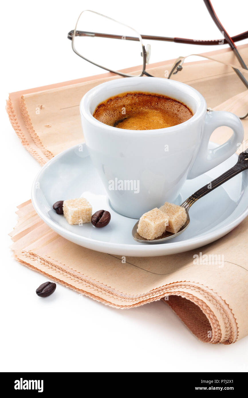 Coffee and newspapers isolated on white background. Stock Photo
