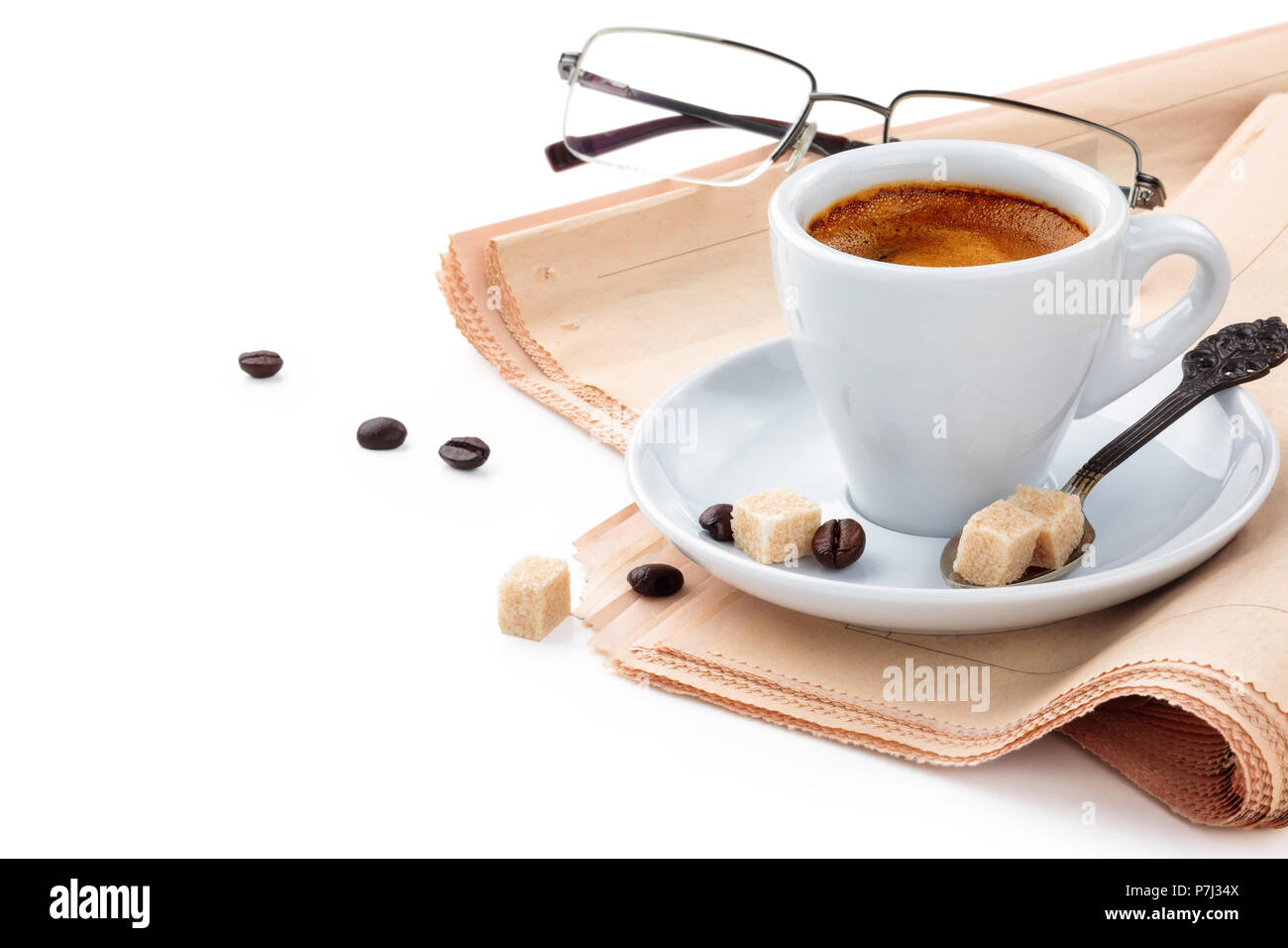 Coffee and newspapers isolated on white background. Stock Photo
