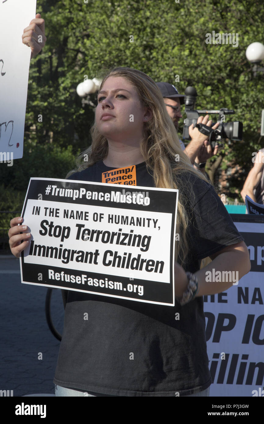 New Yorkers came out to protest the government immigration policy of separating children from parents at the US Mexican border as cruel and immoral and must be stopped immediately. Protests around the country pressured the Trump administration to initially end this un American action by the Department of Immigration in the United States. Stock Photo