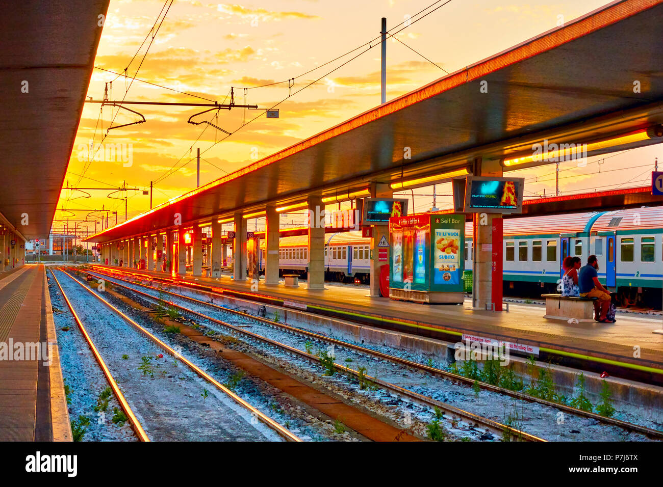 Venice, Italy June 18, 2018 Platforms of Venezia Santa Lucia railway station at sundown Stock