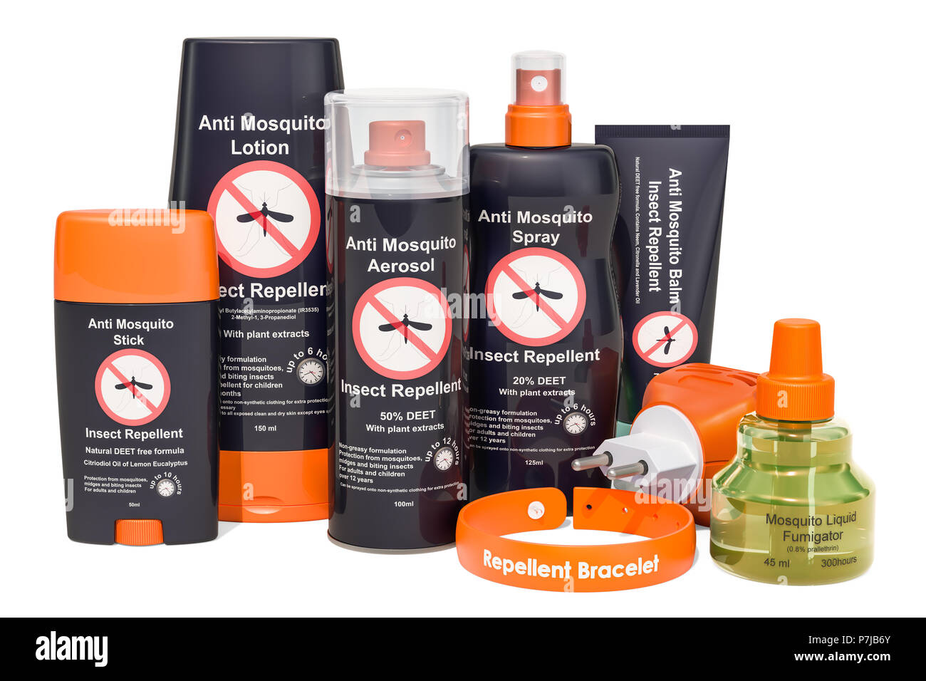 Set of insect repellent products, 3D rendering isolated on white