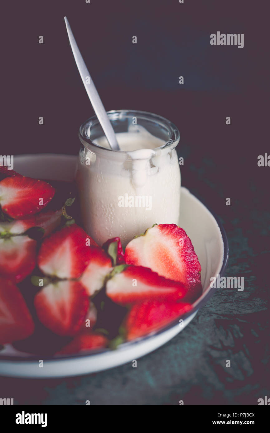 Natural yogurt with fresh strawberries Stock Photo