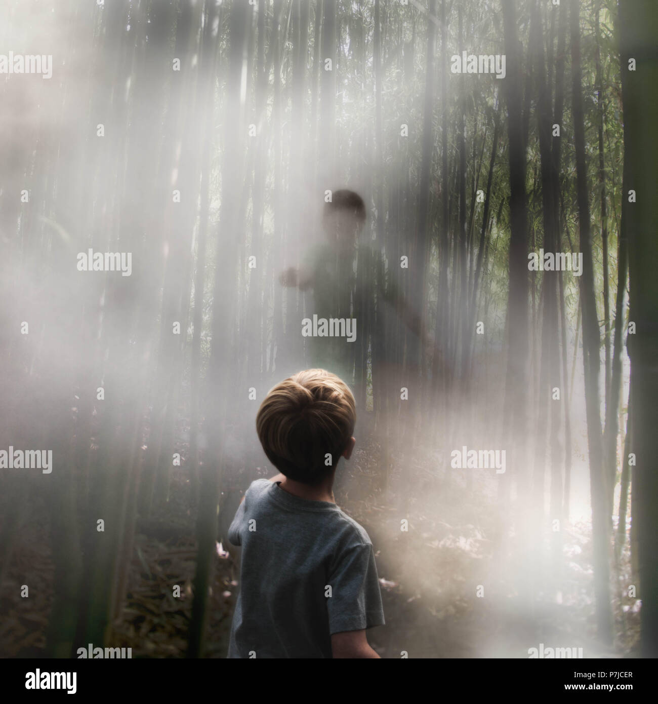 Boy standing in the woods looking at a supernatural ghost Stock Photo