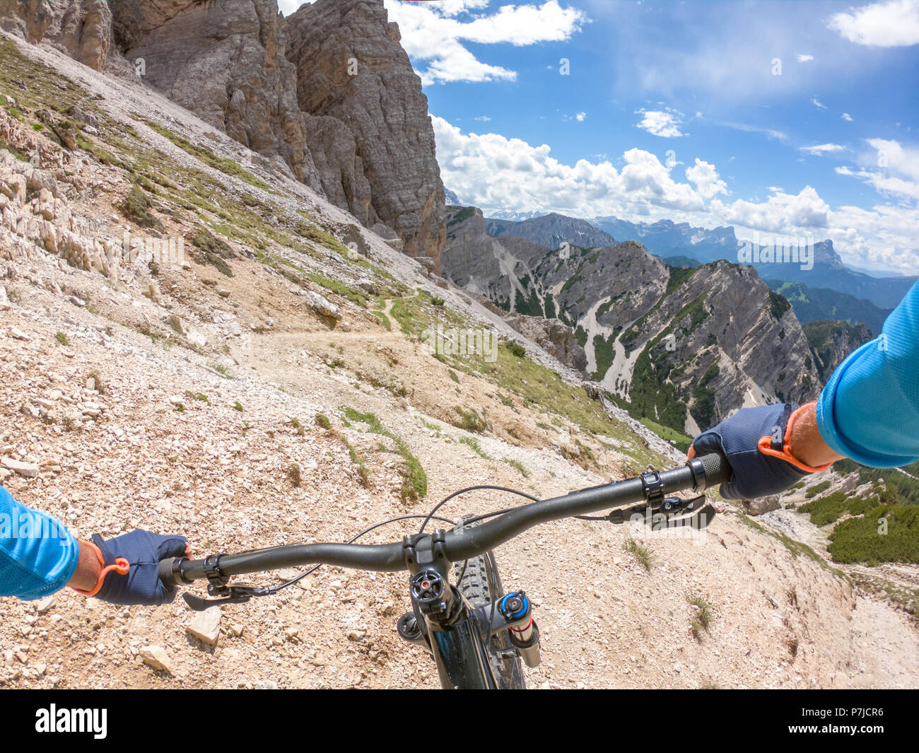 Man mountain biking, Fanes-Sennes-Braies National Park, Dolomites, Trentino, South Tyrol, Italy Stock Photo