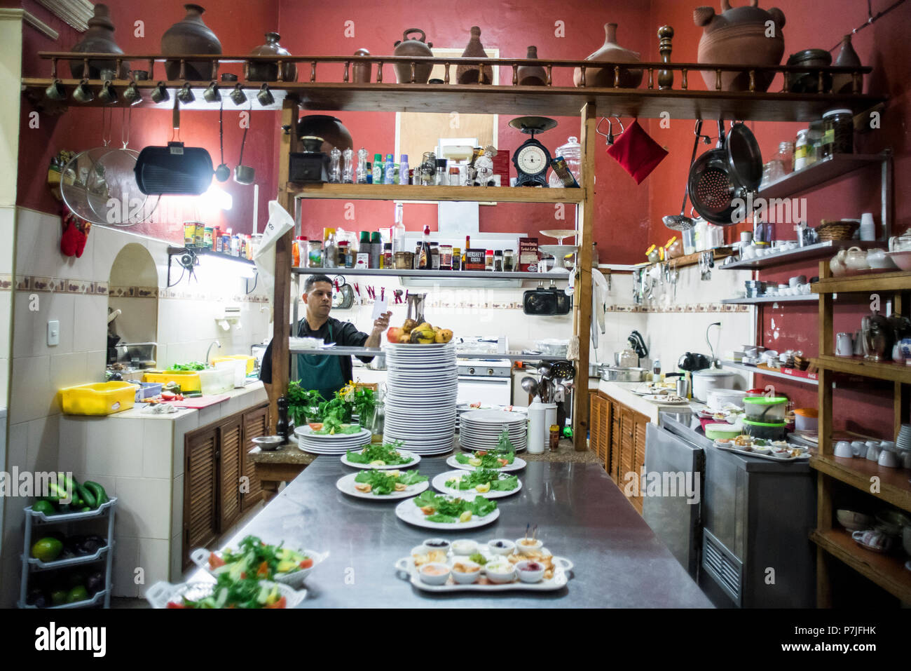 The beautiful kitchen of a well known Cuban restaurant in Havana. Stock Photo
