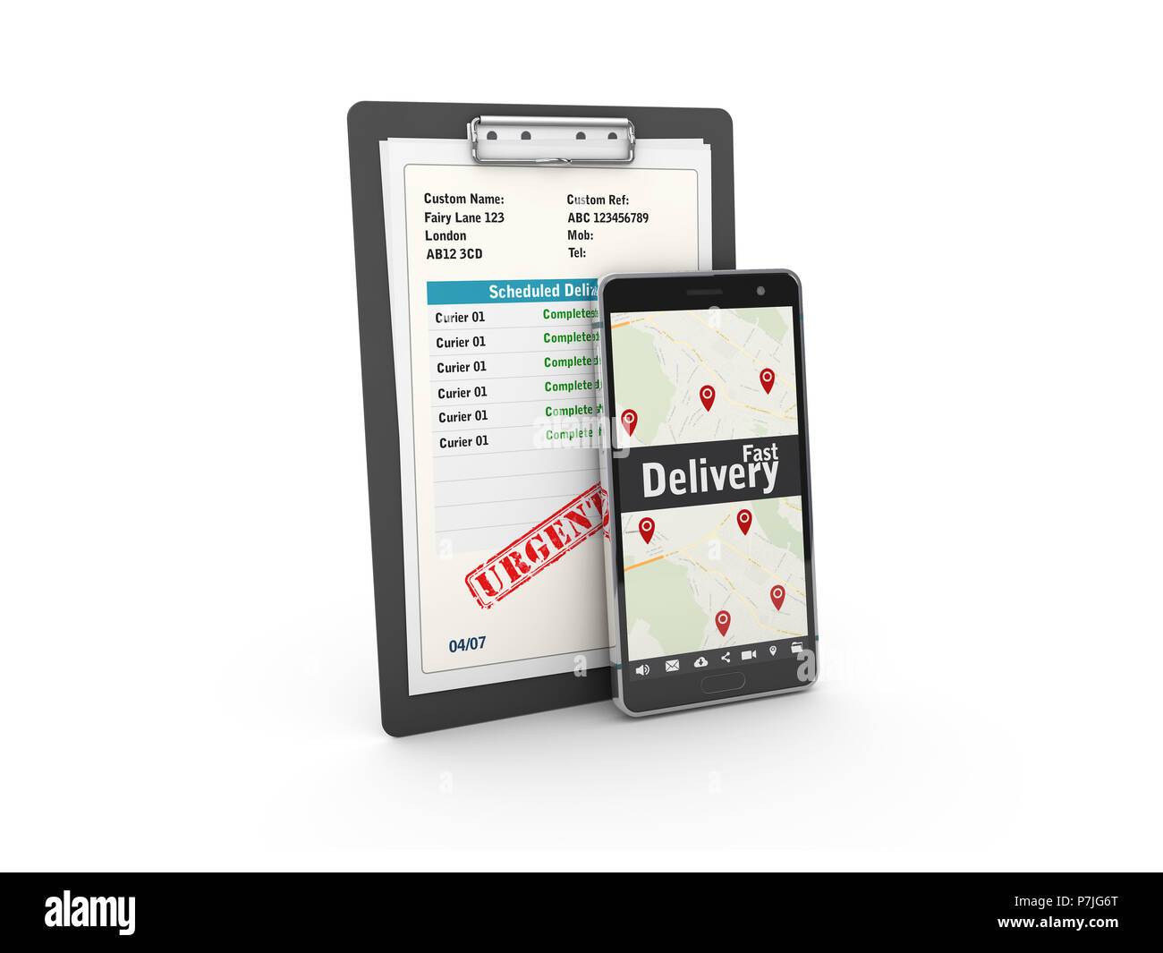 Cell phone and clipboard with receipt form isolated on white. 3d