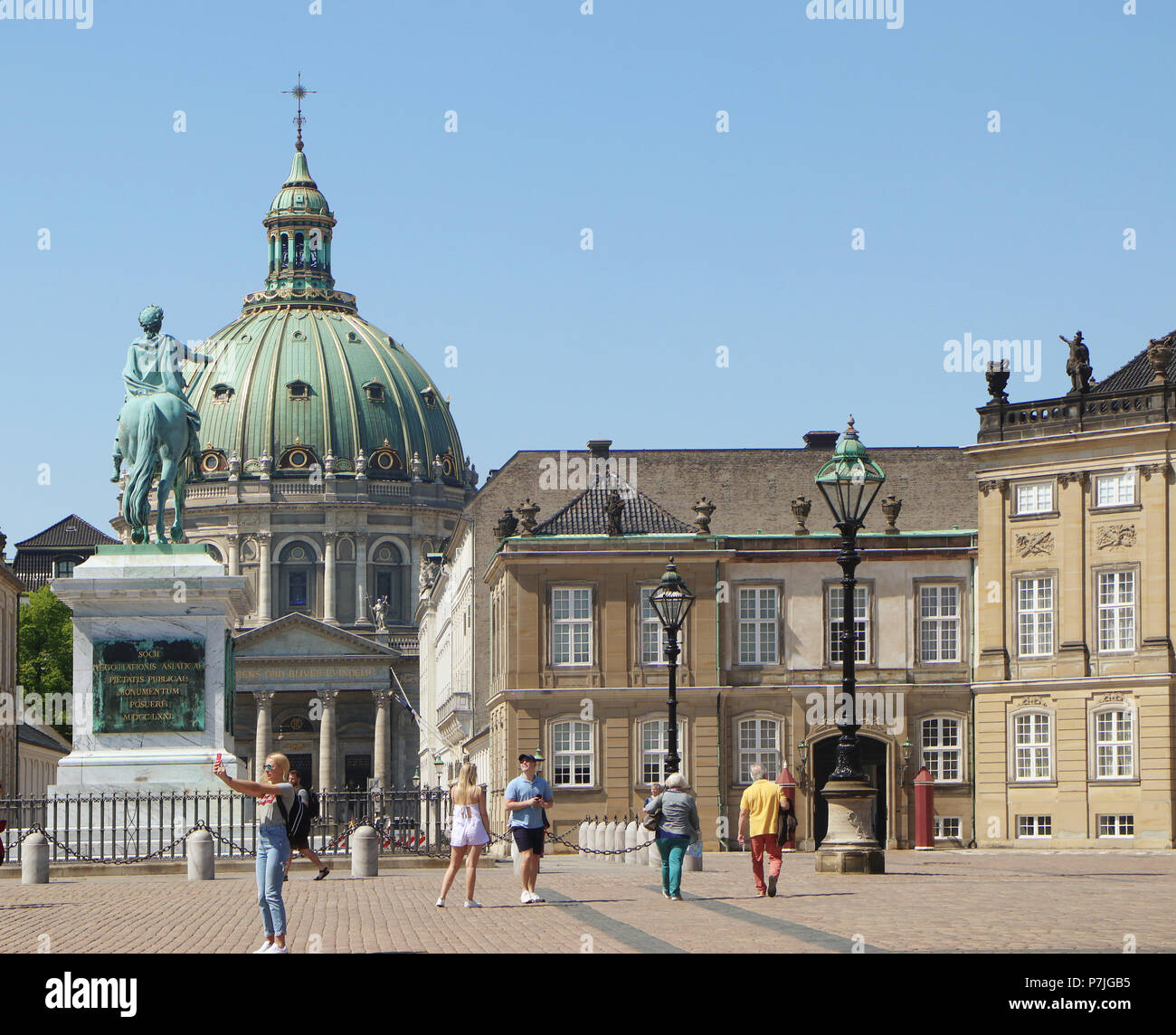 COPENHAGEN, DENMARK - MAY 16, 2018 Detail of Amalienborg Palace square, residence of the Danish Queen, with the Frederik's church (the Marble Church)  Stock Photo