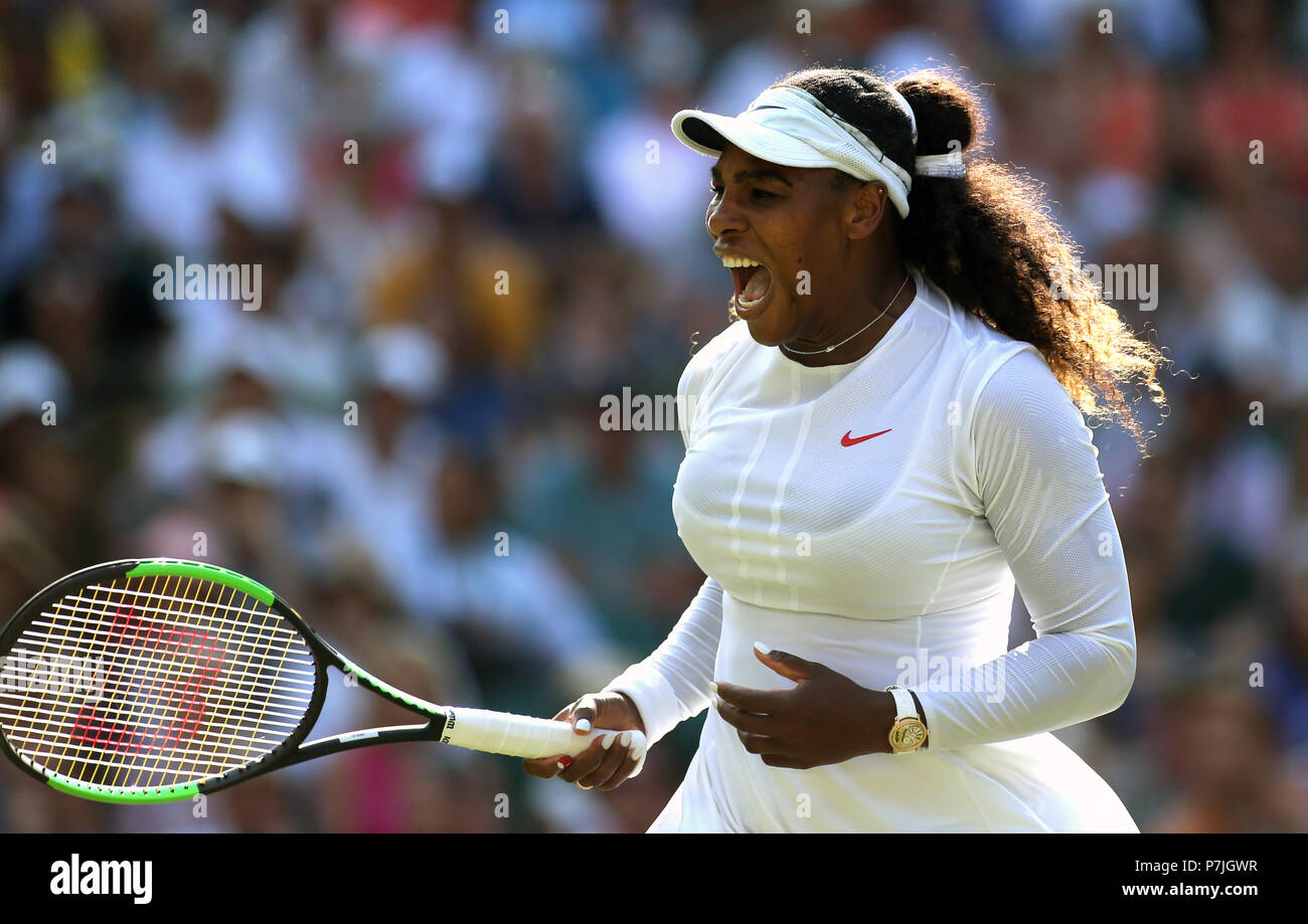 Serena Williams reacts on day five of the Wimbledon Championships at the All England Lawn Tennis and Croquet Club, Wimbledon. Stock Photo