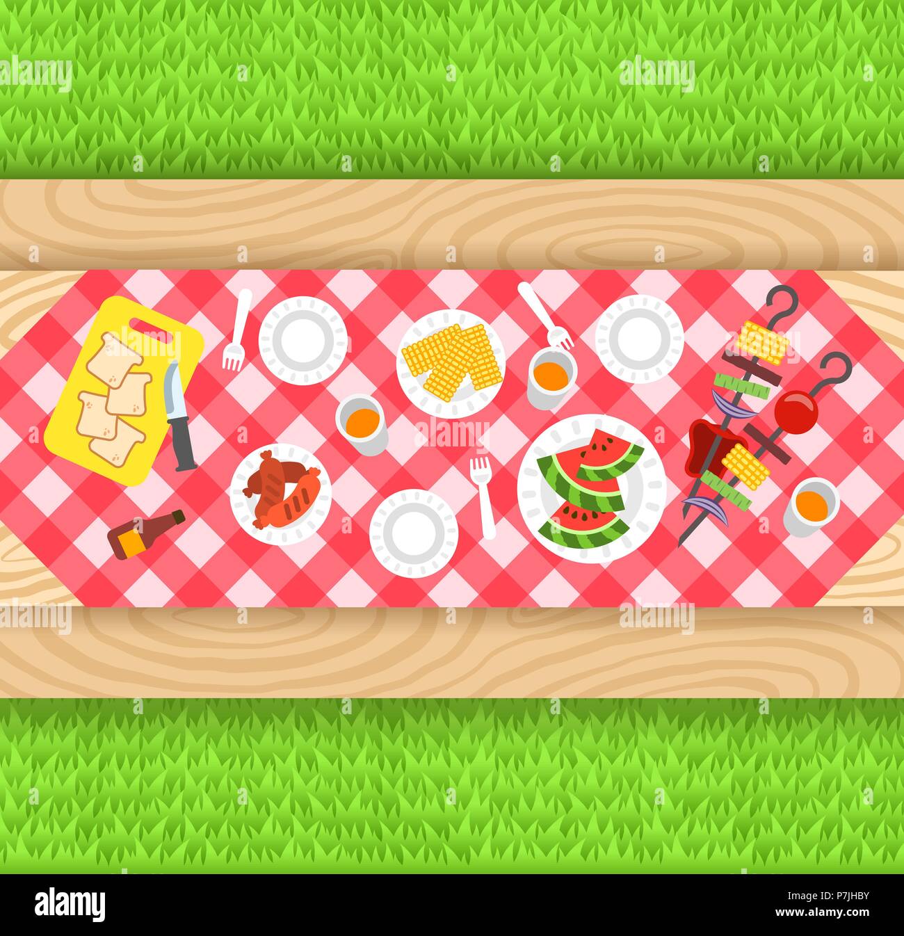 Summer barbecue picnic background. Vector flat illustration. Outdoor party  banner. Grilled sausages, corn, watermelon, vegetables on skewers. BBQ food  Stock Vector Image & Art - Alamy