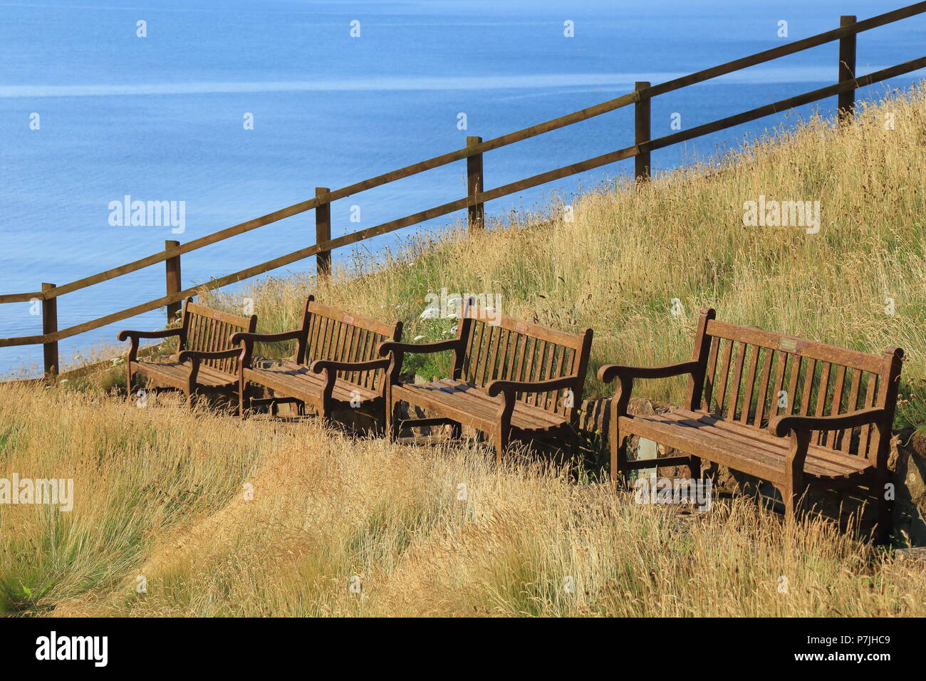 Row of benches with sea view in Sidmouth, East Devon Stock Photo