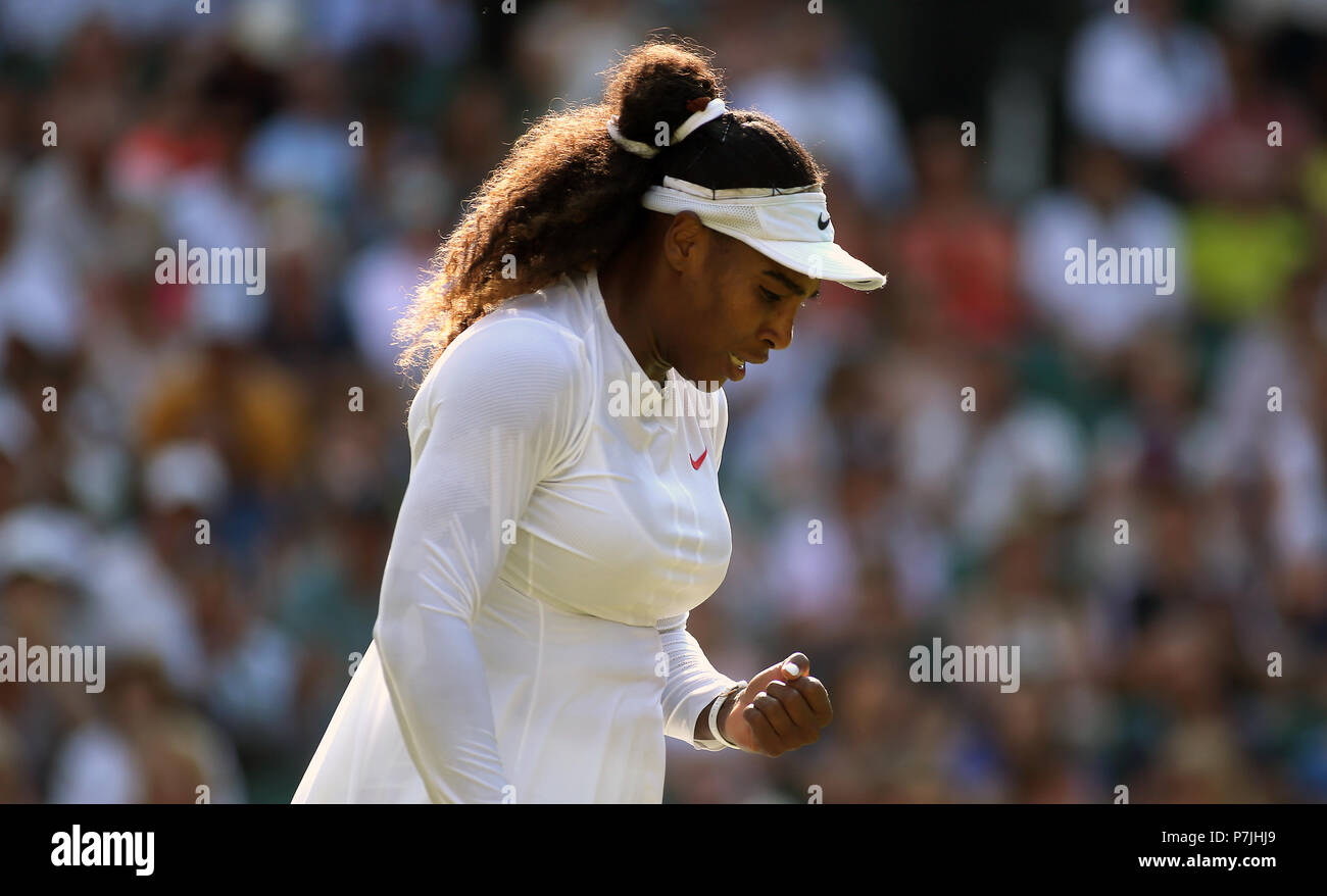 Serena Williams reacts on day five of the Wimbledon Championships at the All England Lawn Tennis and Croquet Club, Wimbledon. Stock Photo