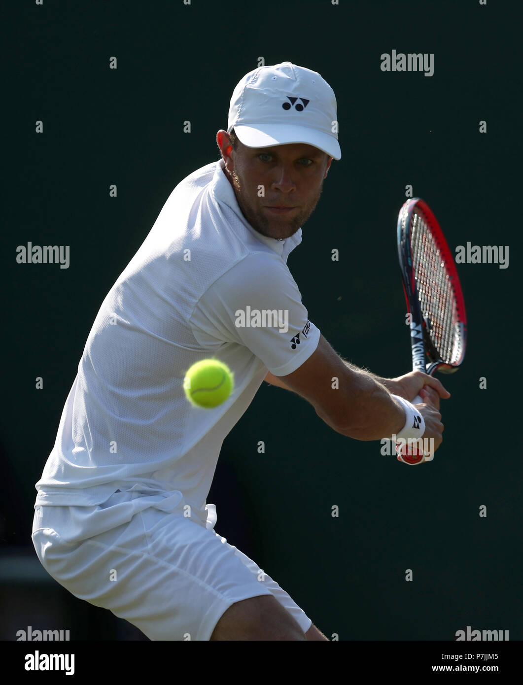 Radu Albot in action on day five of the Wimbledon Championships at the All England Lawn Tennis and Croquet Club, Wimbledon. PRESS ASSOCIATION Photo. Picture date: Friday July 6, 2018. See PA story TENNIS Wimbledon. Photo credit should read: Jonathan Brady/PA Wire. Stock Photo