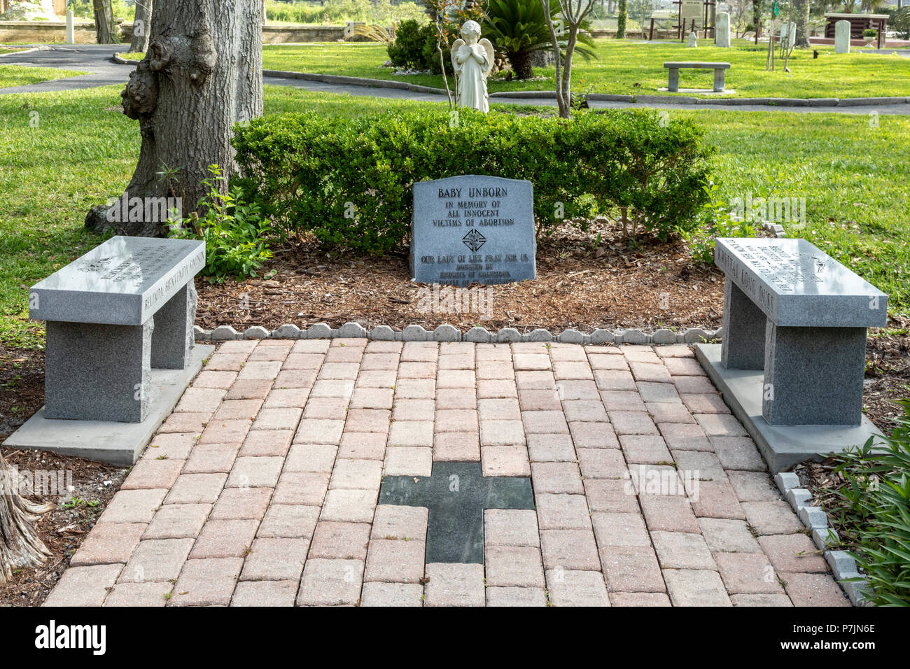 St. Augustine, Florida - An anti-abortion monument at the Nombre de Dios Catholic Mission. The mission was established in 1565 by Spanish settlers and Stock Photo