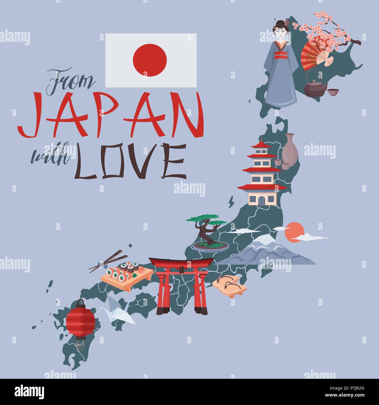 I Love Japan Poster. Japanese Map With Colorful Symbols Of Japan 