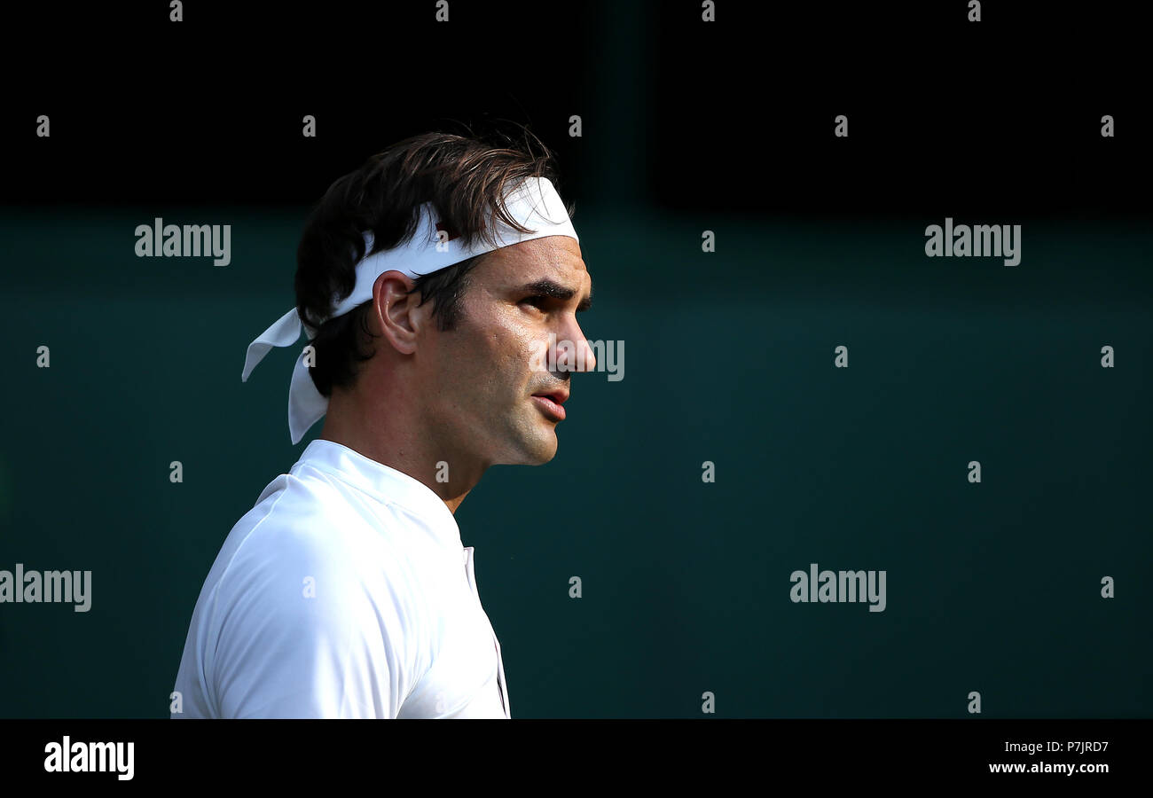 Roger Federer on day five of the Wimbledon Championships at the All England Lawn Tennis and Croquet Club, Wimbledon. Stock Photo