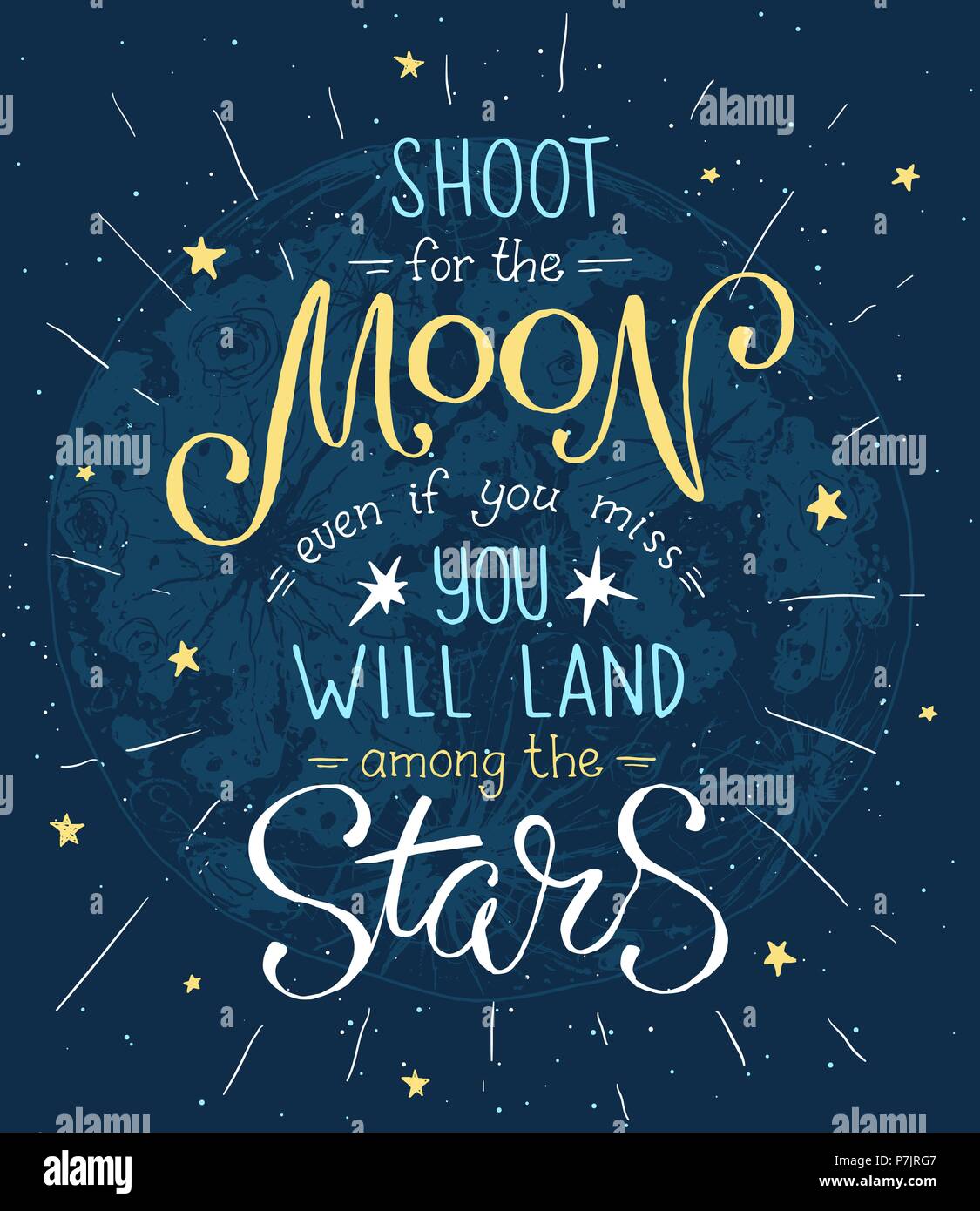 Shoot for the moon poster Hand drawn inspirational qoute about moon and stars. Vector