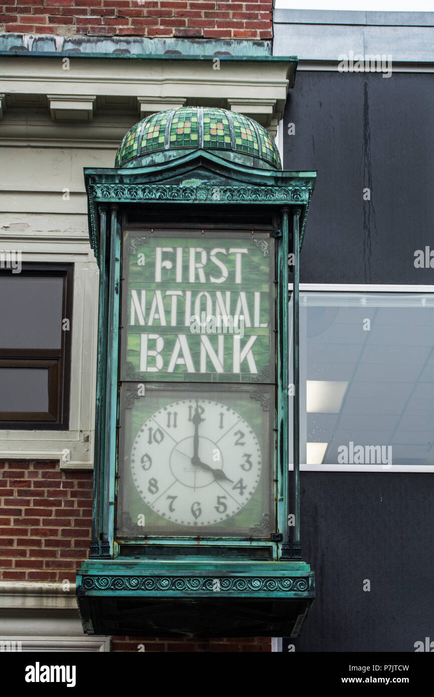 Old clock of the First National Bank in Bar Harbor, USA Stock Photo