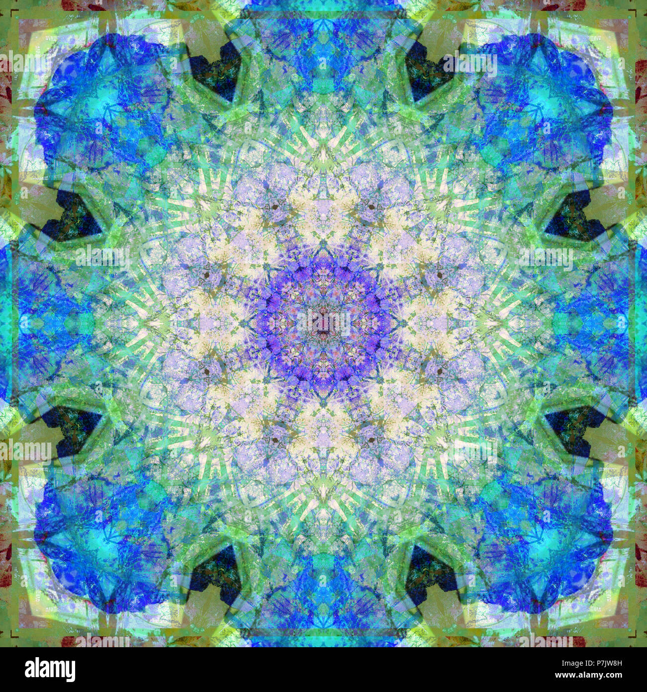 Photographic flower mandala, blue, green, beige, purple, Stock Photo