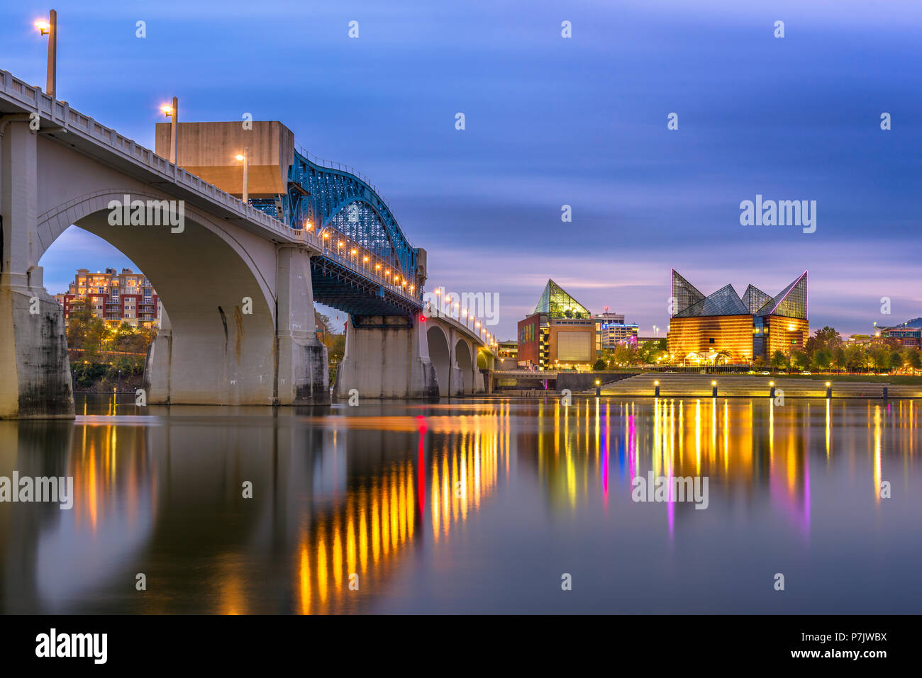 Chattanooga, Tennessee, USA downtown skyline on the Tennessee River at dusk  Stock Photo - Alamy