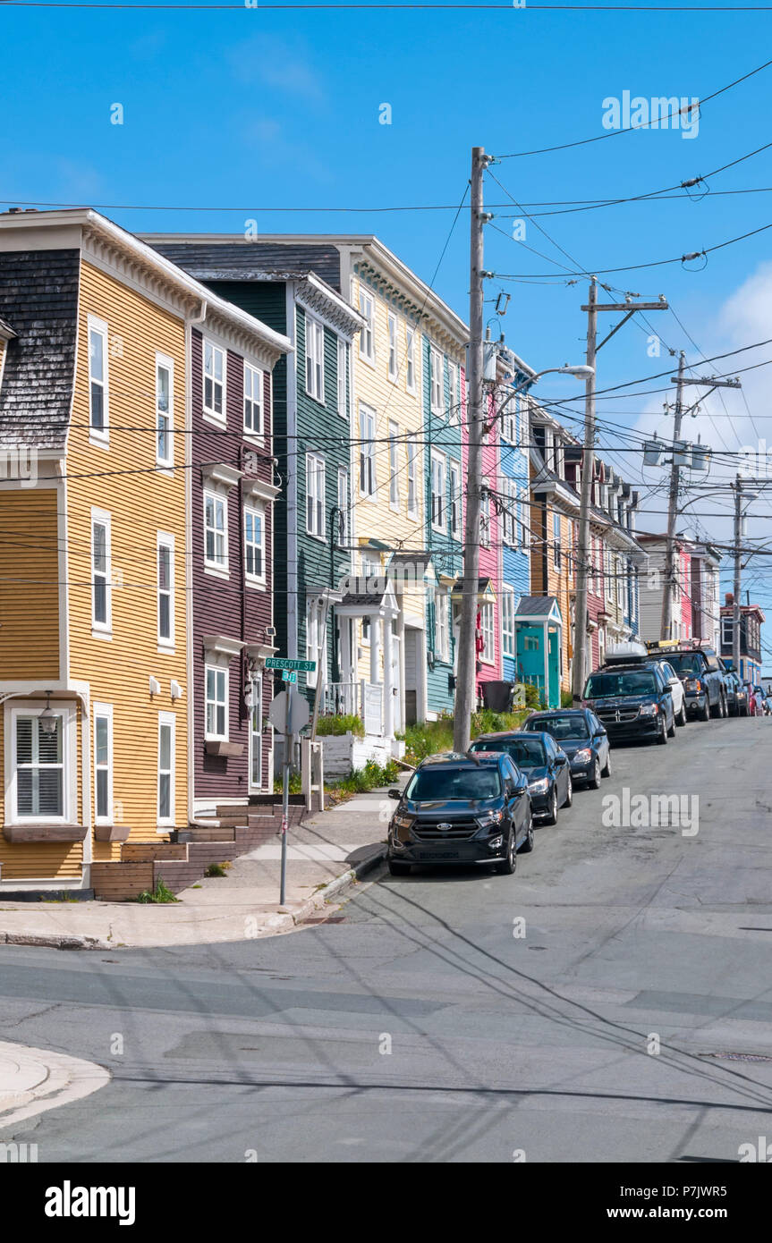Jellybean Row or colourful houses on the corner of Gower Street and Prescott Street in St John's, Newfoundland Stock Photo