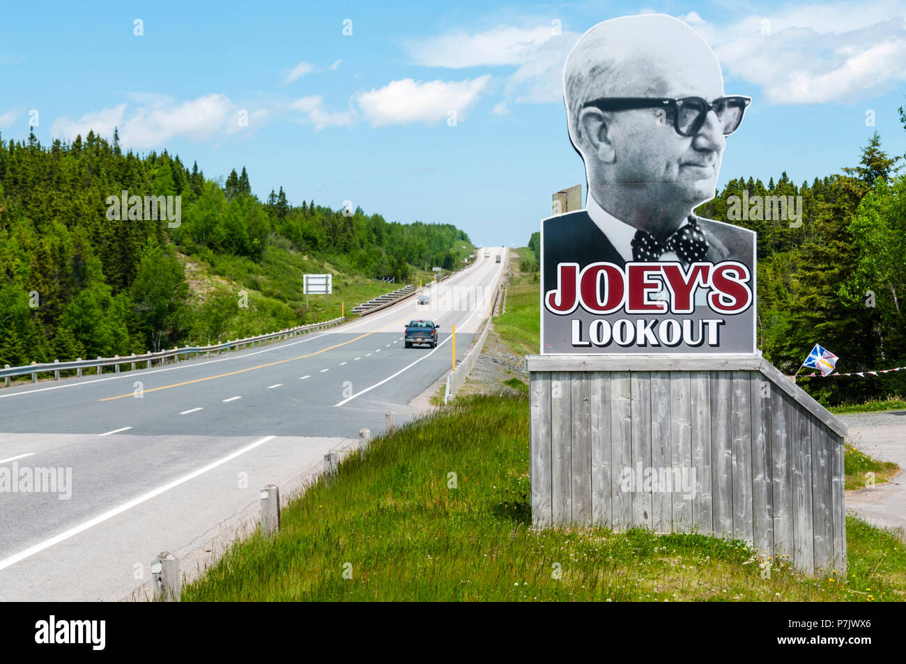 Joey's Lookout on the Trans-Canada Highway at Gambo in Newfoundland displays large photograph of Joseph R Smallwood, first premier of Newfoundland. Stock Photo