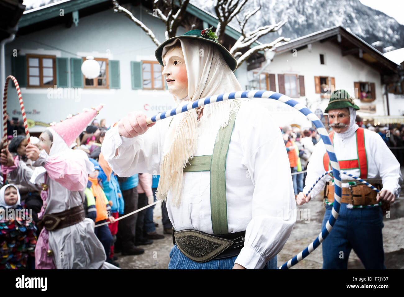 Germany, Bavaria, Mittenwald, carnival procession, Schellenrührer, Stock Photo