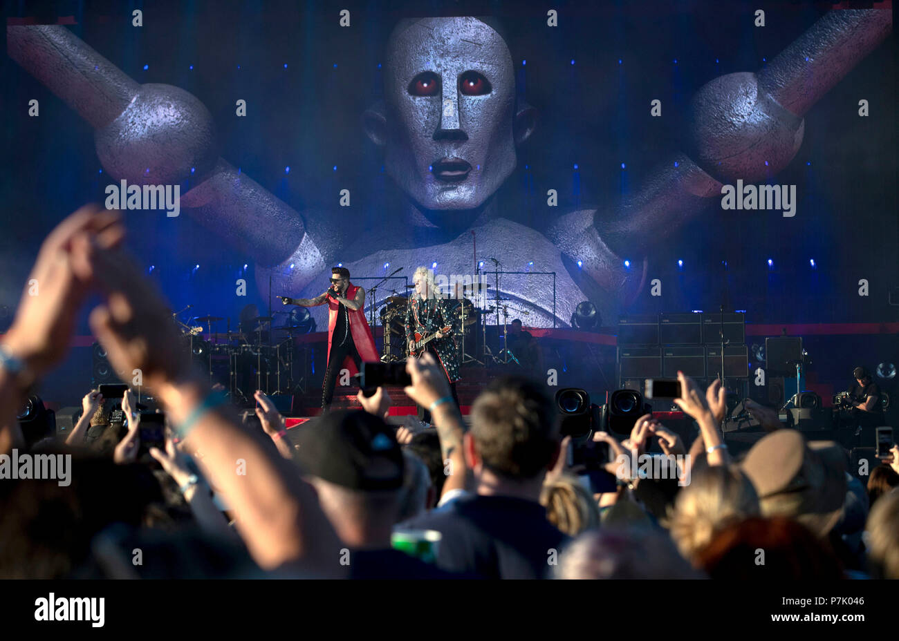 Adam Lambert Performs With Brian May From Queen On The Main Stage During The Trnsmt Festival On Glasgow Green In Glasgow Stock Photo Alamy