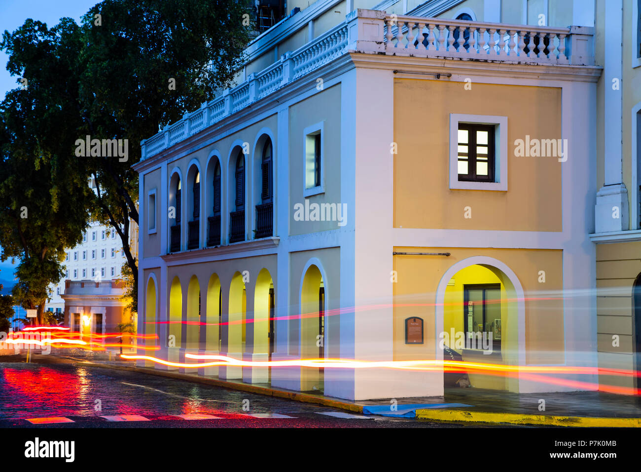 Tapia Theater and light streaks, Old San Juan, Puerto Rico Stock Photo