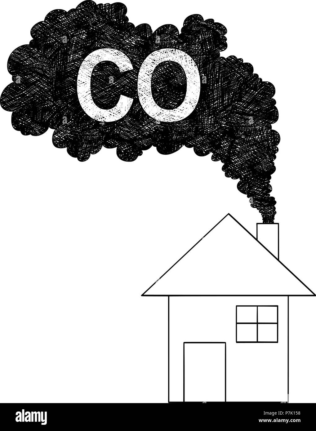 Vector Artistic Drawing Illustration of Smoke Coming from House Chimney, Carbon Monoxide or CO Air Pollution Concept Stock Vector