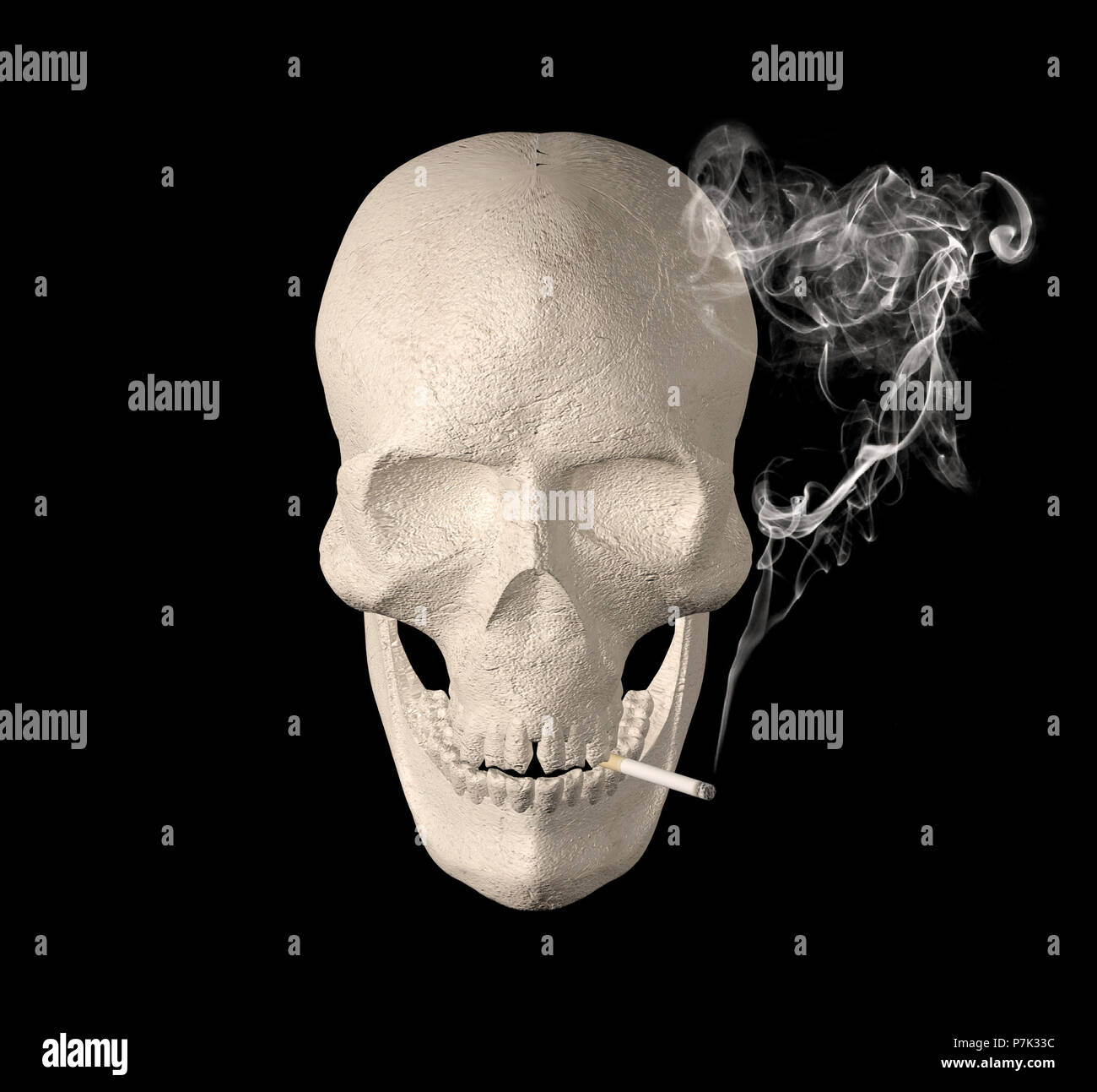 Human skull smoking cigarette, smoking to death concept Stock Photo