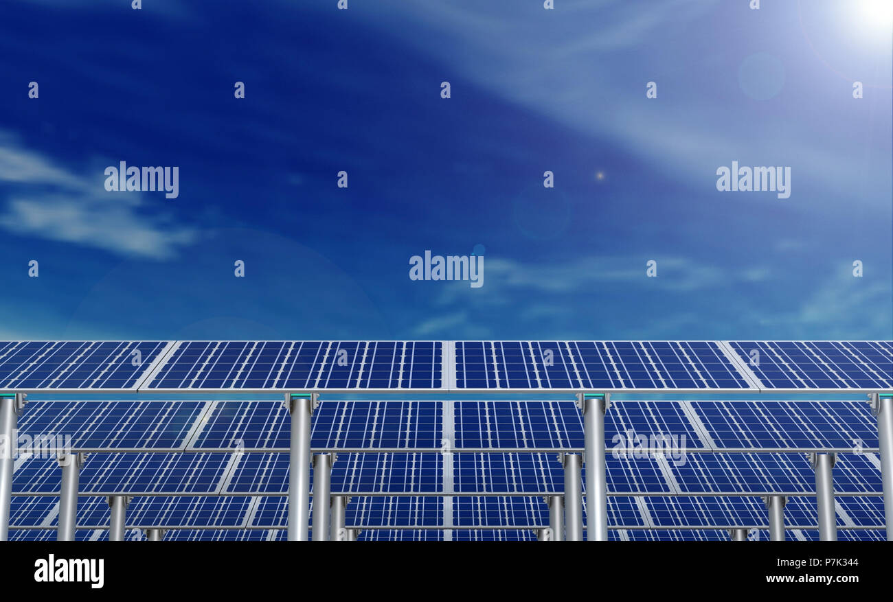 Solar panels and blue sky with clouds and sun flare Stock Photo