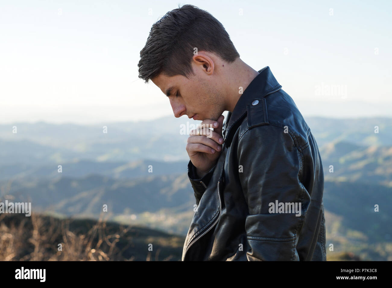 Thinking male portrait with Topanga canyons in the background. Stock Photo