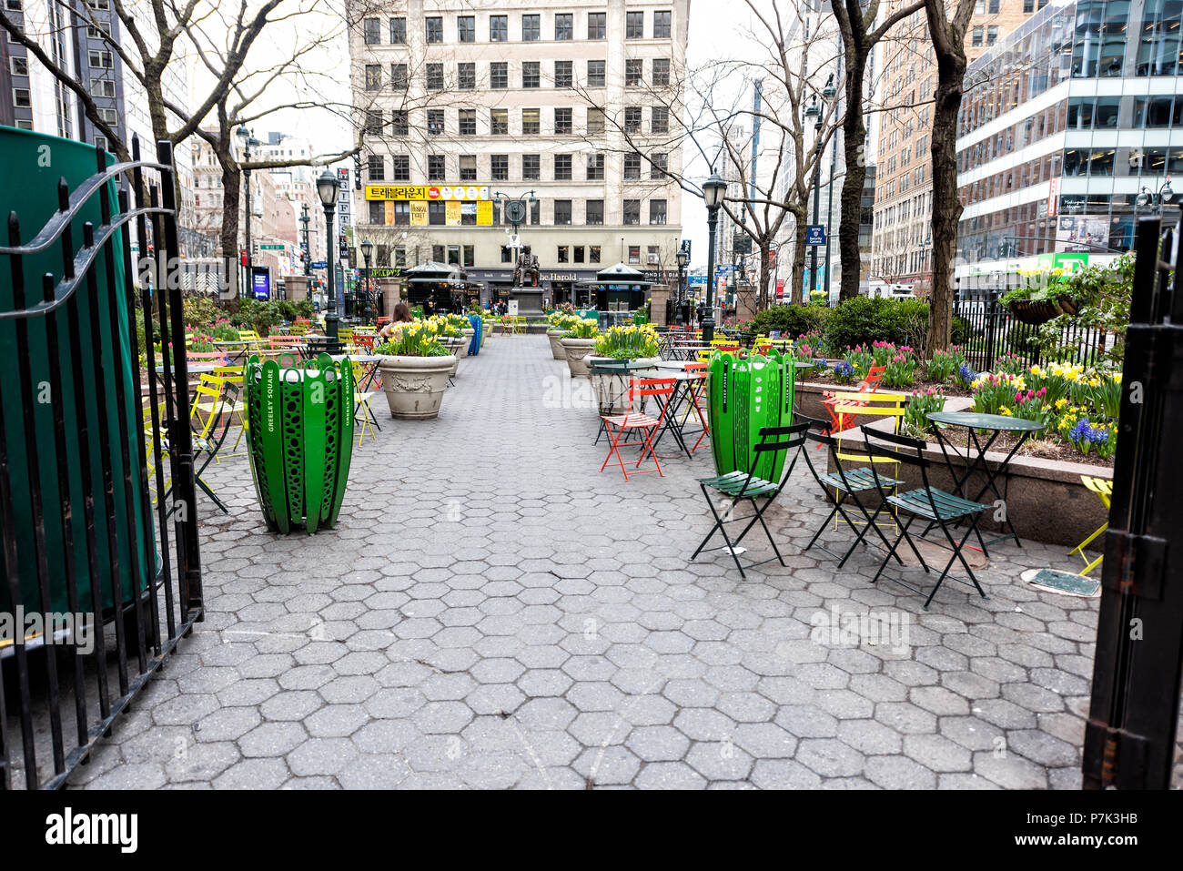 New York City, USA - April 7, 2018: Street view of urban NYC Herald Square Midtown with Greeley Square Park, nobody by korea town koreatown Stock Photo