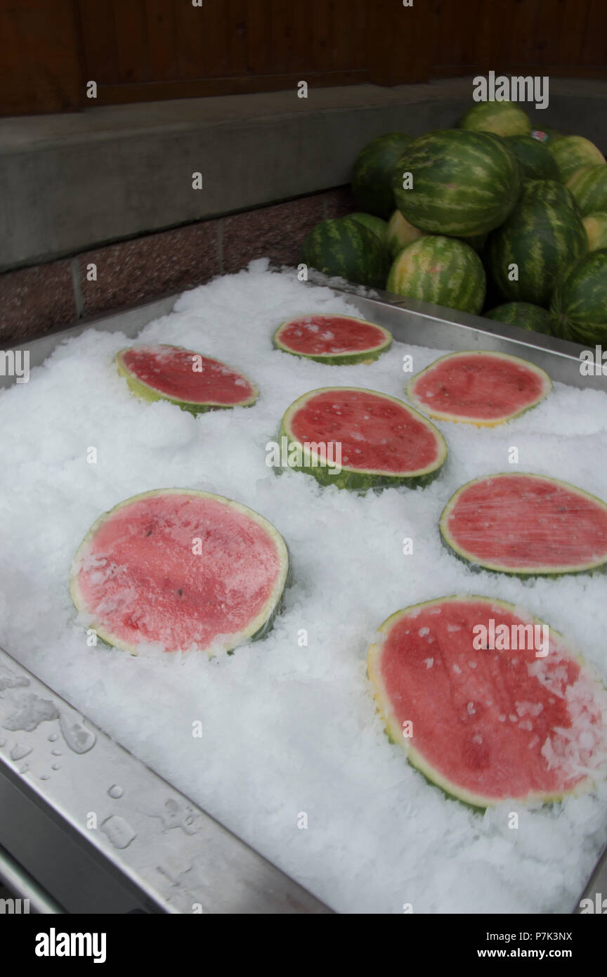 Watermelon on ice.at a super market. Stock Photo