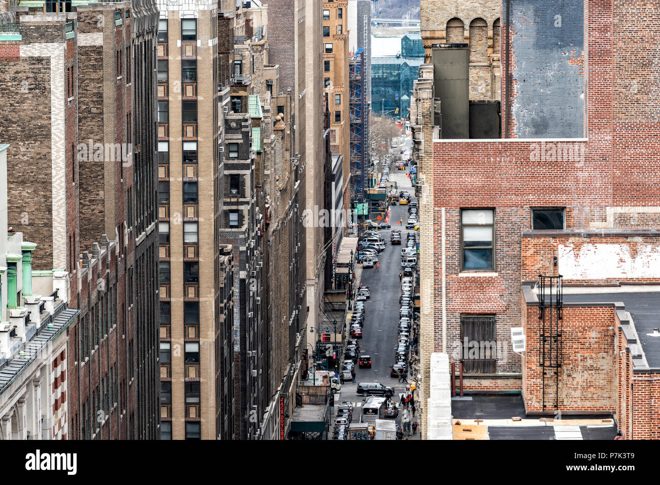 New York City, USA April 7, 2018 Aerial view of urban road from