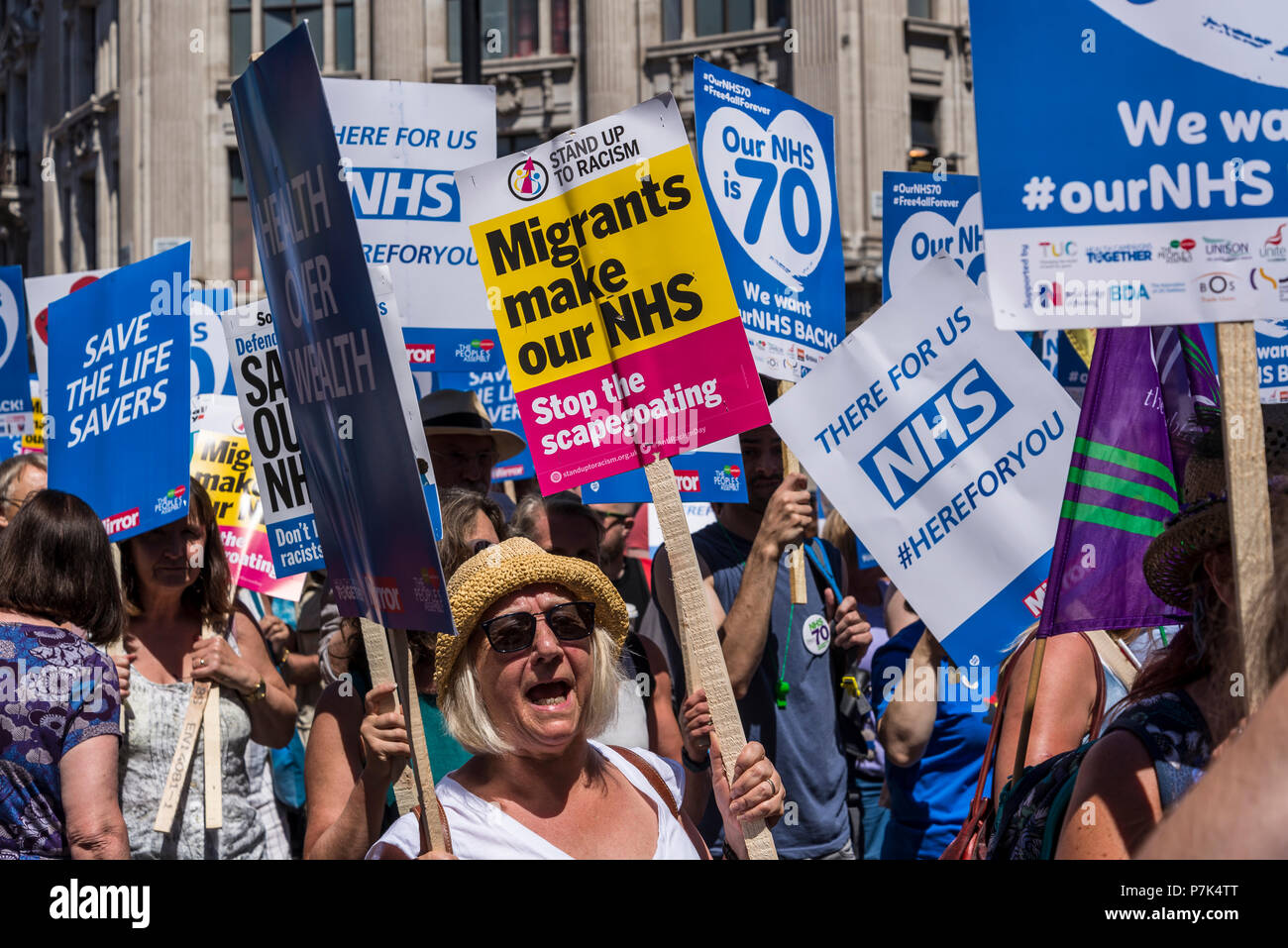 NHS 70th Anniversary March organised by People's Assembly, Migrants make our NHS, London, UK, 30/06/2018 Stock Photo