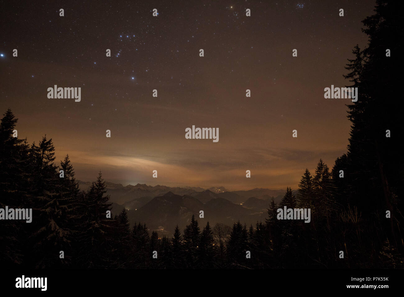 Winter night at the Seekarkreuz, close Lenggries, Bavarian Alps, Upper Bavaria, Bavaria, Germany Stock Photo