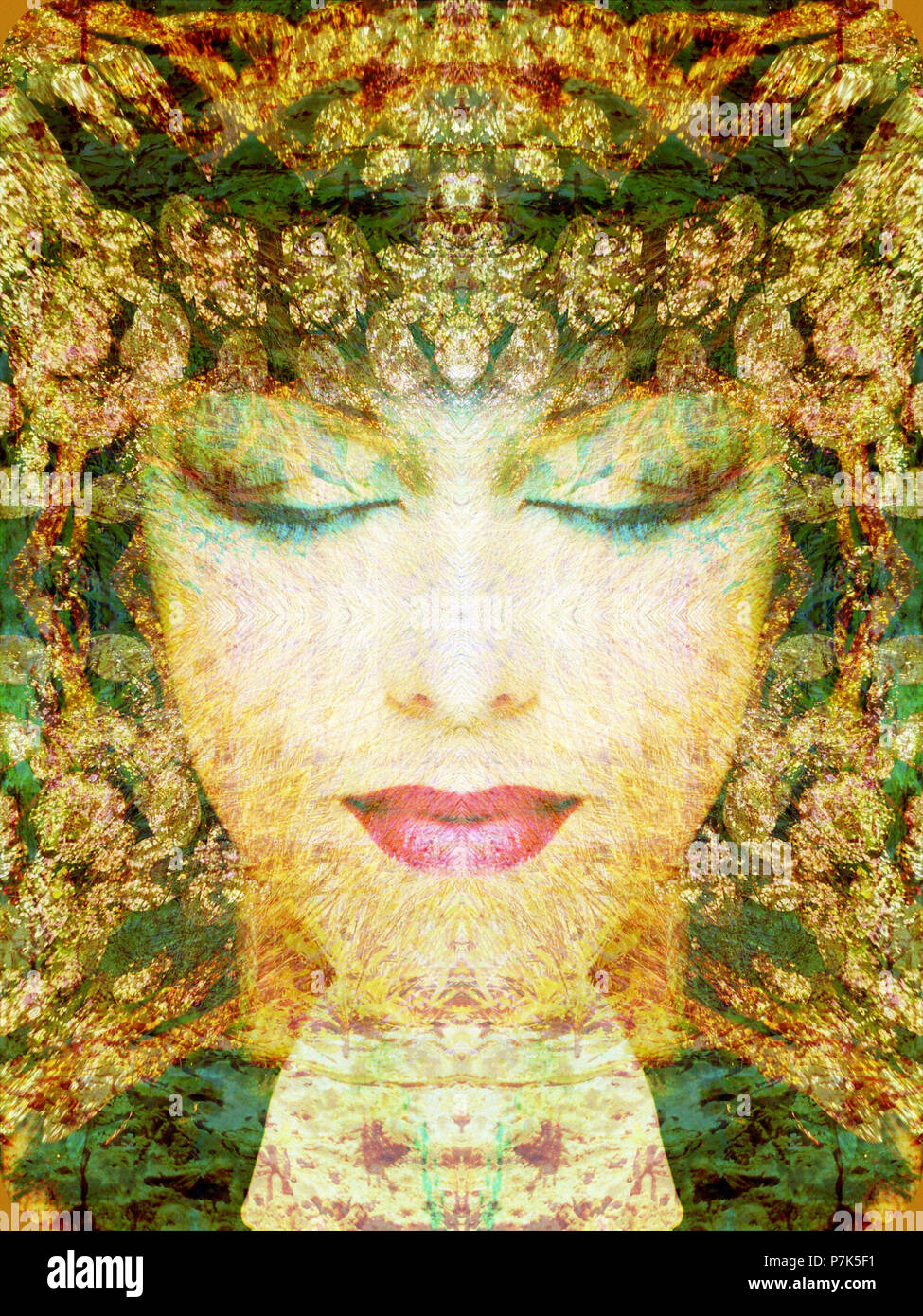 Portrait of a woman overlaid with textures and ornaments, Stock Photo