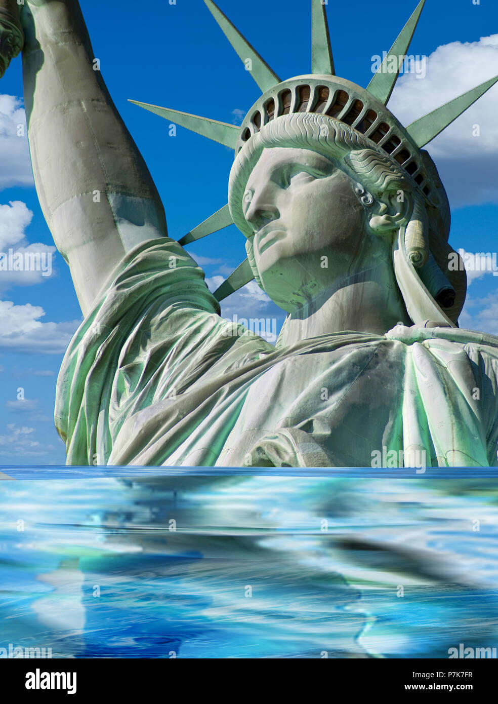 Lady Liberty sinking in a world of change. Stock Photo