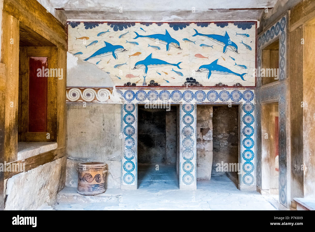 Reconstruction of the dolphin frescoes by Arthur Evans, Megaron of the king and pillared vestibule in the palace of Knossos, Knossos, Minoan archaeological site, Crete, Greece, Europe Stock Photo
