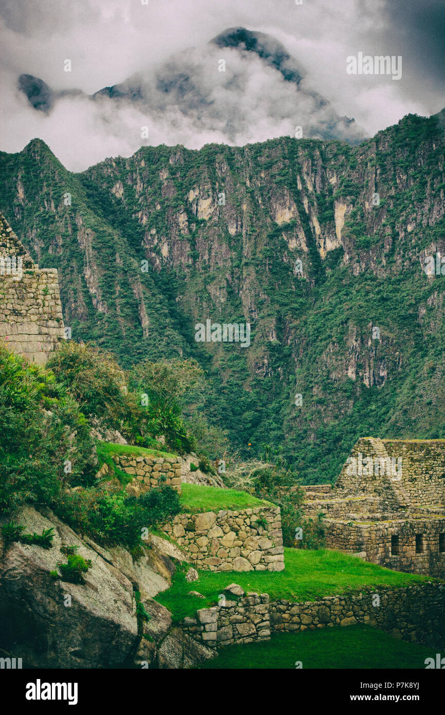 Vertical view of Machu Picchu stone ruins lost in the wild nature of ...