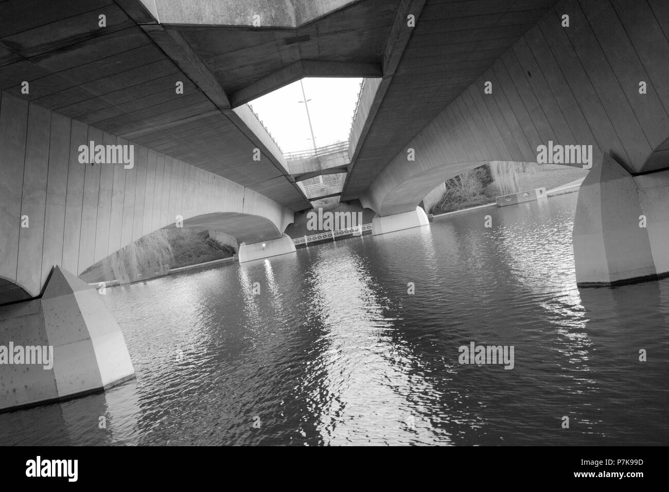 The Tormin bridge from below in black and white. Stock Photo