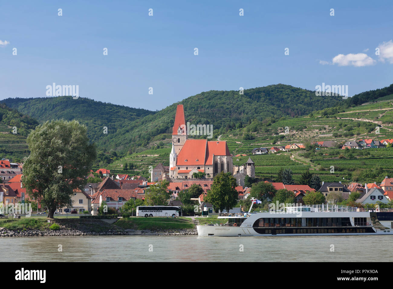 View across the Danube to Spitz with parish church of St. Mauritius, Wachau, Lower Austria, Austria Stock Photo