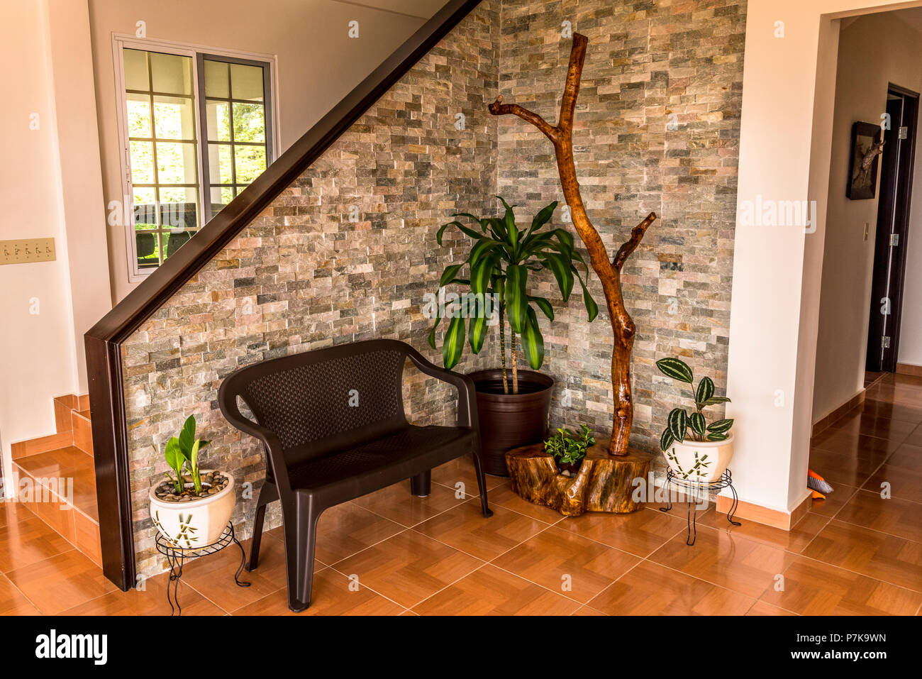 Interior decor design ideas stone wall plant and wood artwork Stock