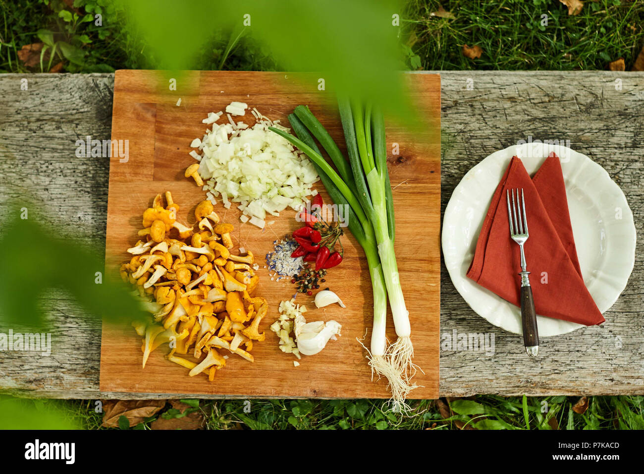 different ingredients on a wooden board, outside Stock Photo