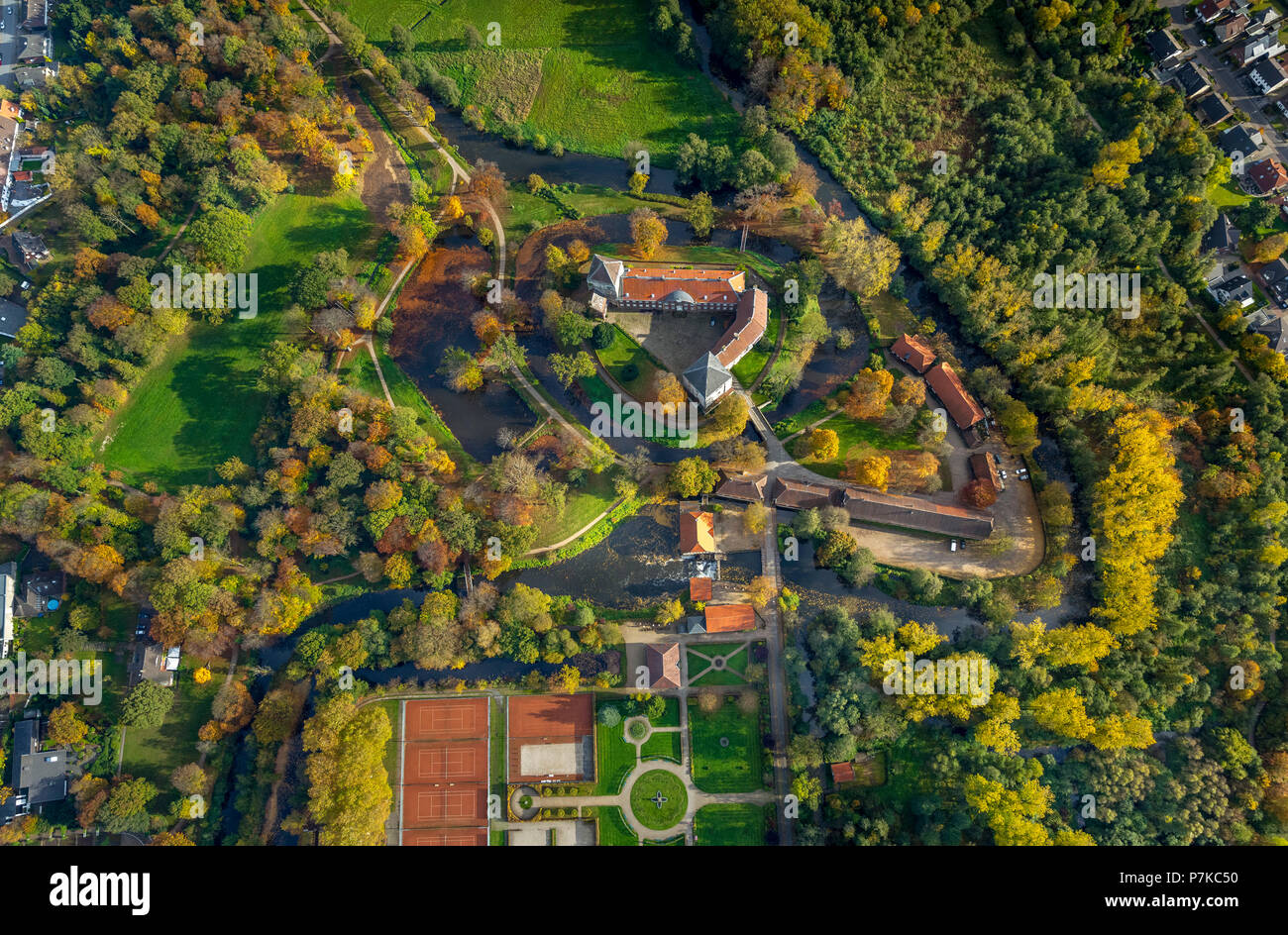 Rheda Castle, Rheda Castle gardens, Roter Pfuhl (pond), Ems River, aerial view of Rheda-Wiedenbrück, Gütersloh (district) Stock Photo