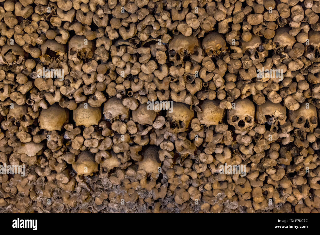 bones piled up in an ossuary, Capela dos ossos parede, Chapel of Bones, Bone Chapel, Ossuary in Évora, Évora, Évora District, Portugal, Europe Stock Photo