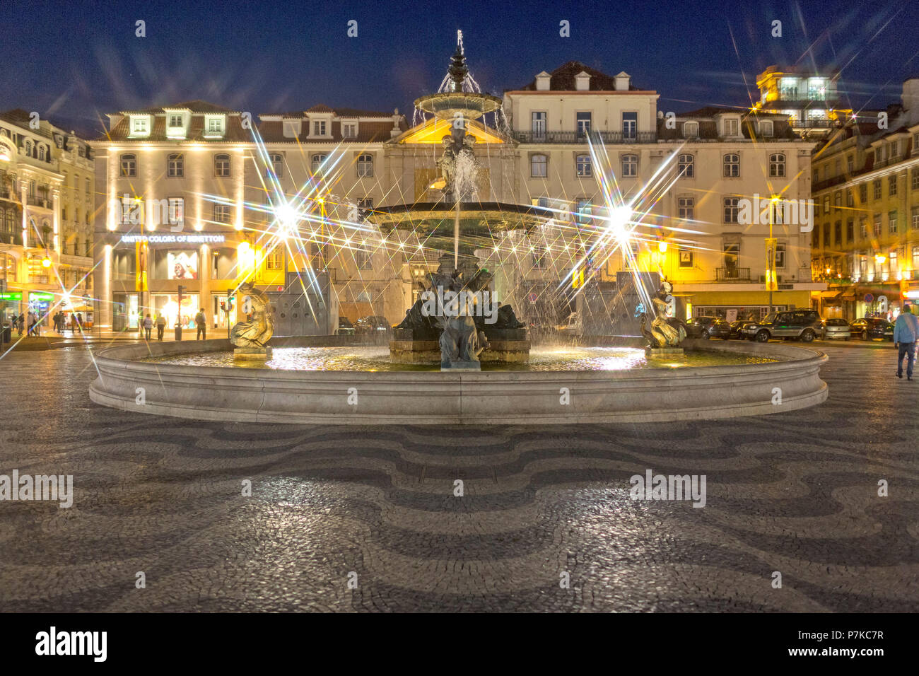 National Theatre, TNDM II, Fountain, Rossio Square, paving stones arranged in a wave pattern, Lisbon, Lisbon District, Portugal, Europe Stock Photo